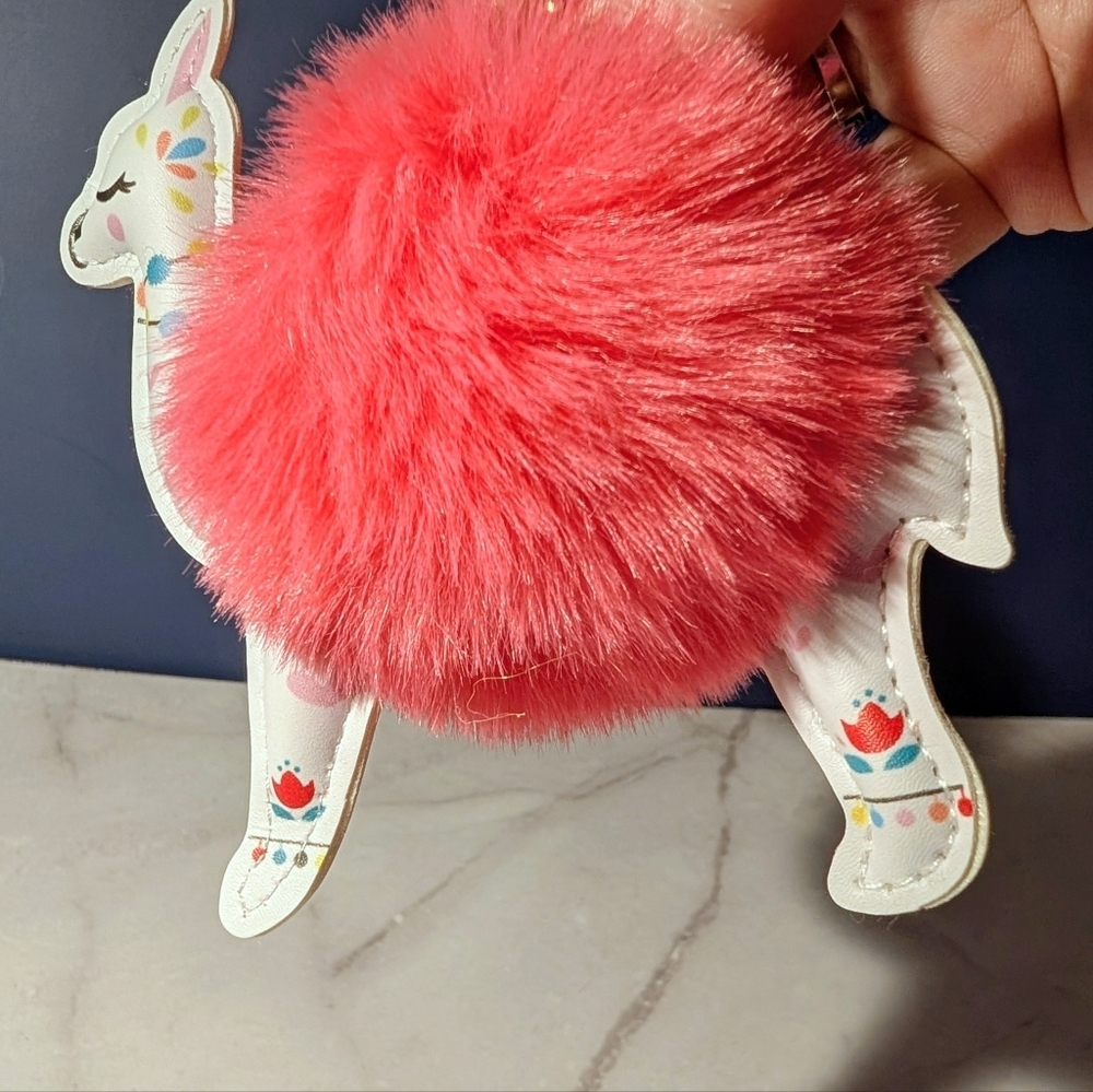 Cute Llama Bag Charm /Keychain w/ Berry Red Pom Pom Stitched Faux Leather ๐๐๐ - Picture 4 of 5